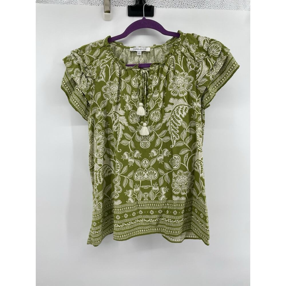Rose + Olive Shirt Womens L White Green Blouse Floral Tassels Flutter Sleeve Top - Picture 3 of 6